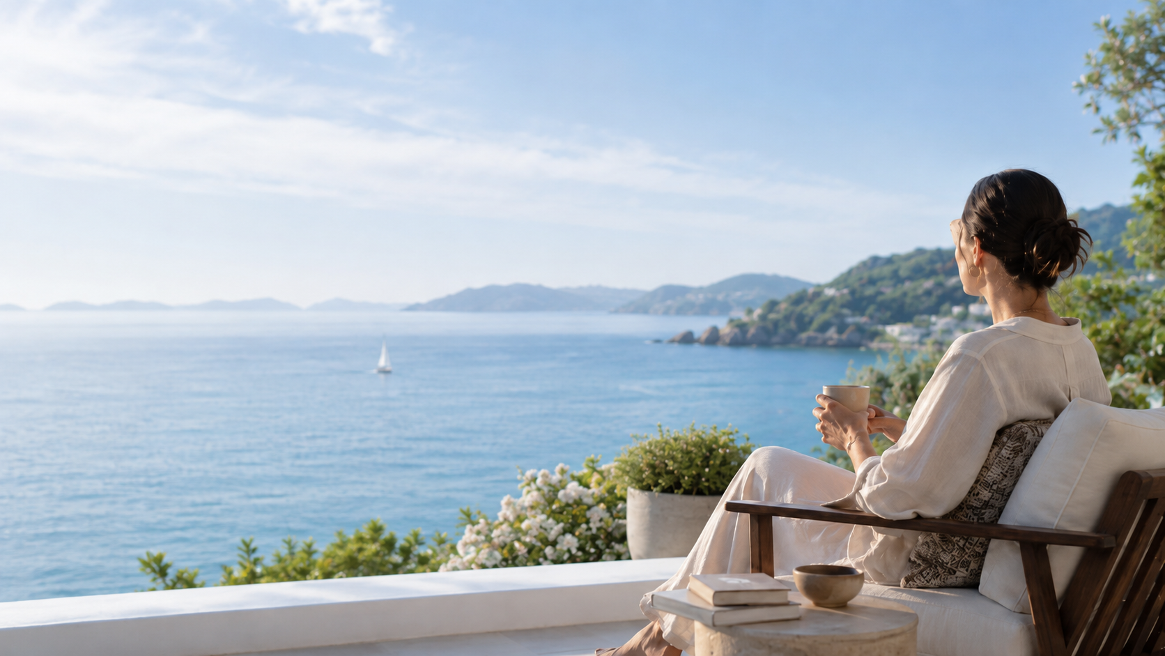 Woman enjoying an inspiring destination while imagining her next trip.