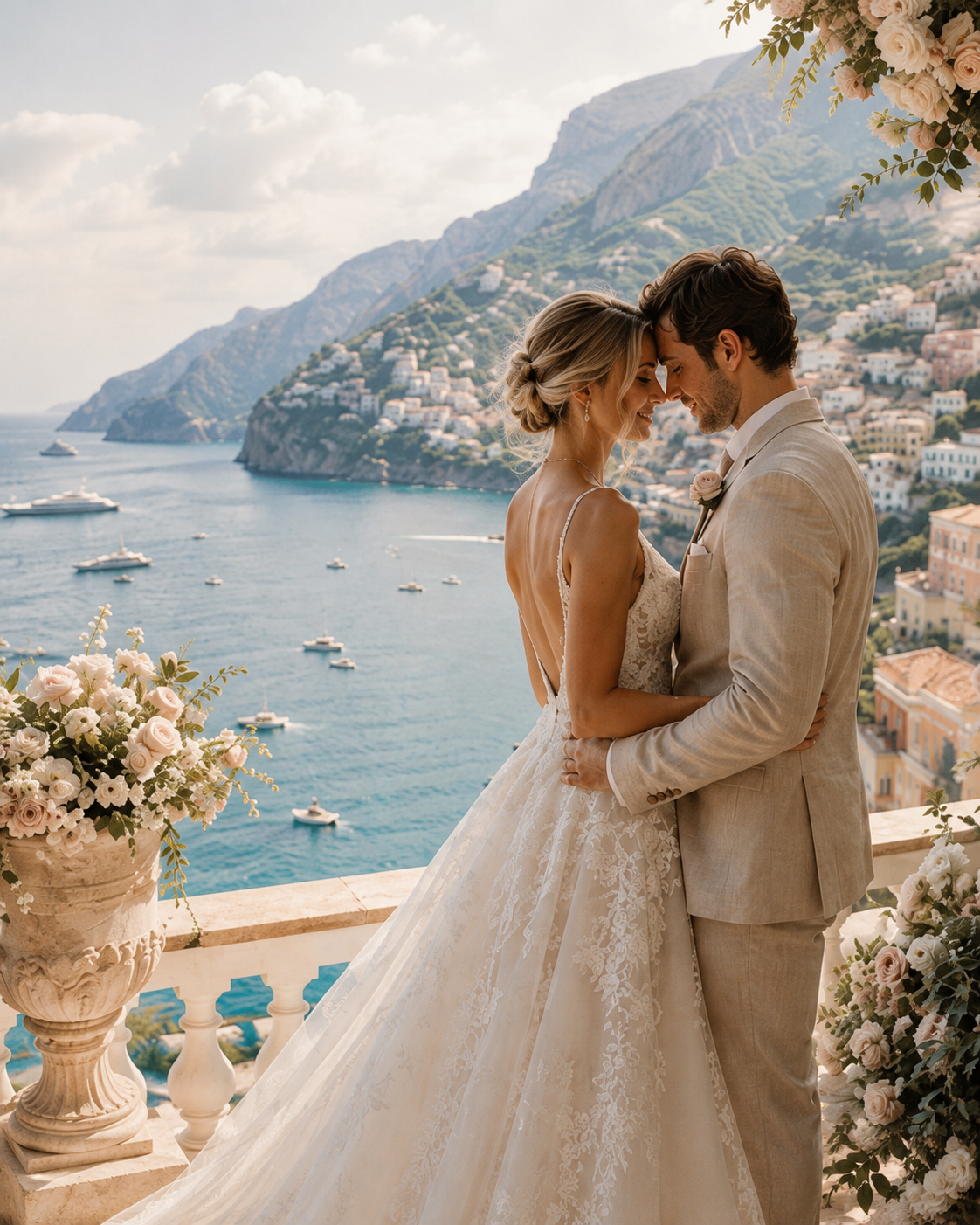 Couple embracing at a flower-framed coastal destination wedding.