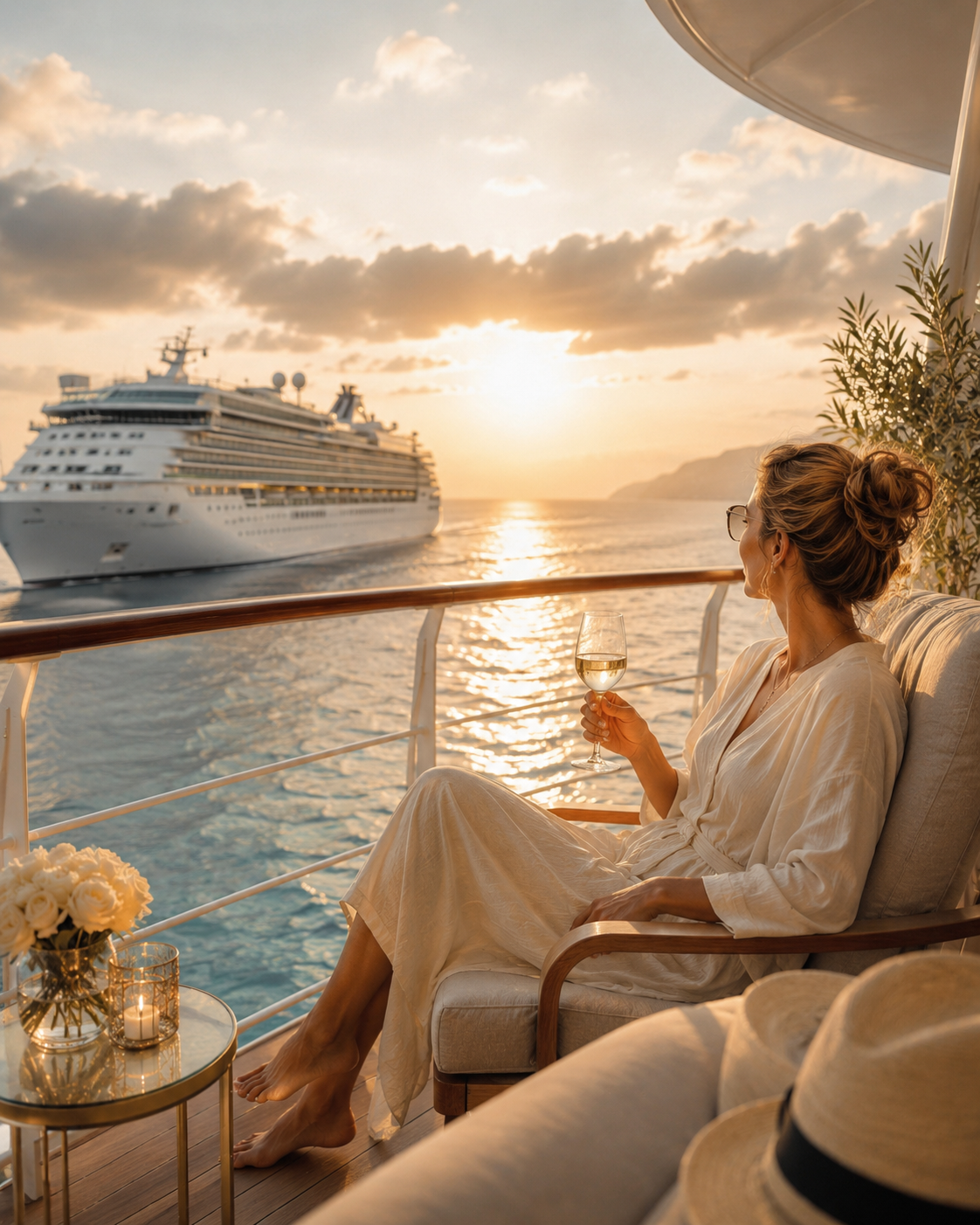 Woman relaxing on a ship deck at sunset with a cruise ship on the horizon.