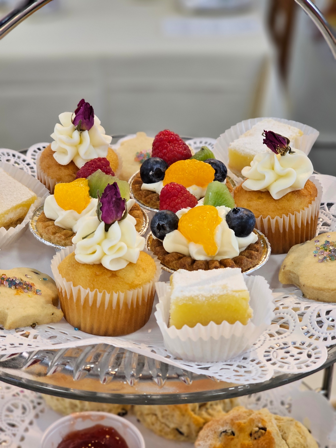 Tiered tray of pastries at afternoon tea