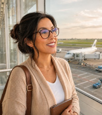 Lori smiling at the airport gate with a plane on the tarmac behind her