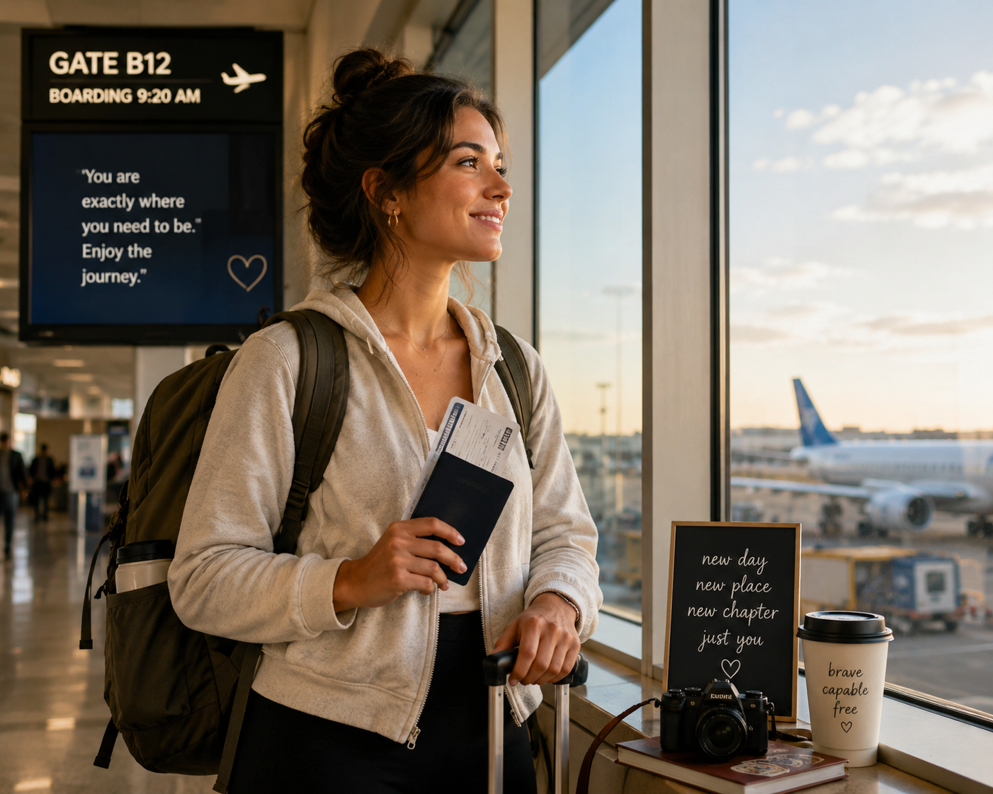 A smiling traveler at the airport gate, passport and boarding pass in hand, ready for her next adventure.