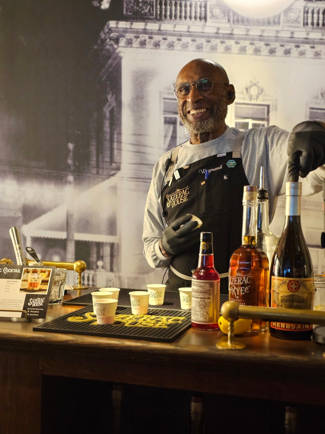 Bartender mixing cocktails at the Sazerac House in New Orleans